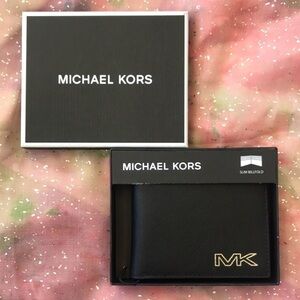 Brand New Michael Kors Genuine Leather Black Slim Billfold Wallet w/ Silver Logo